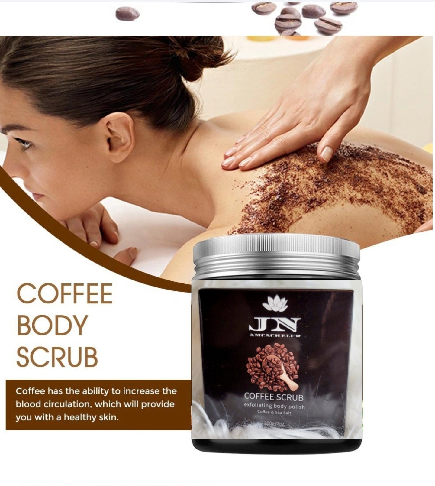 JNA coffee body scrub with essential oils and cream.