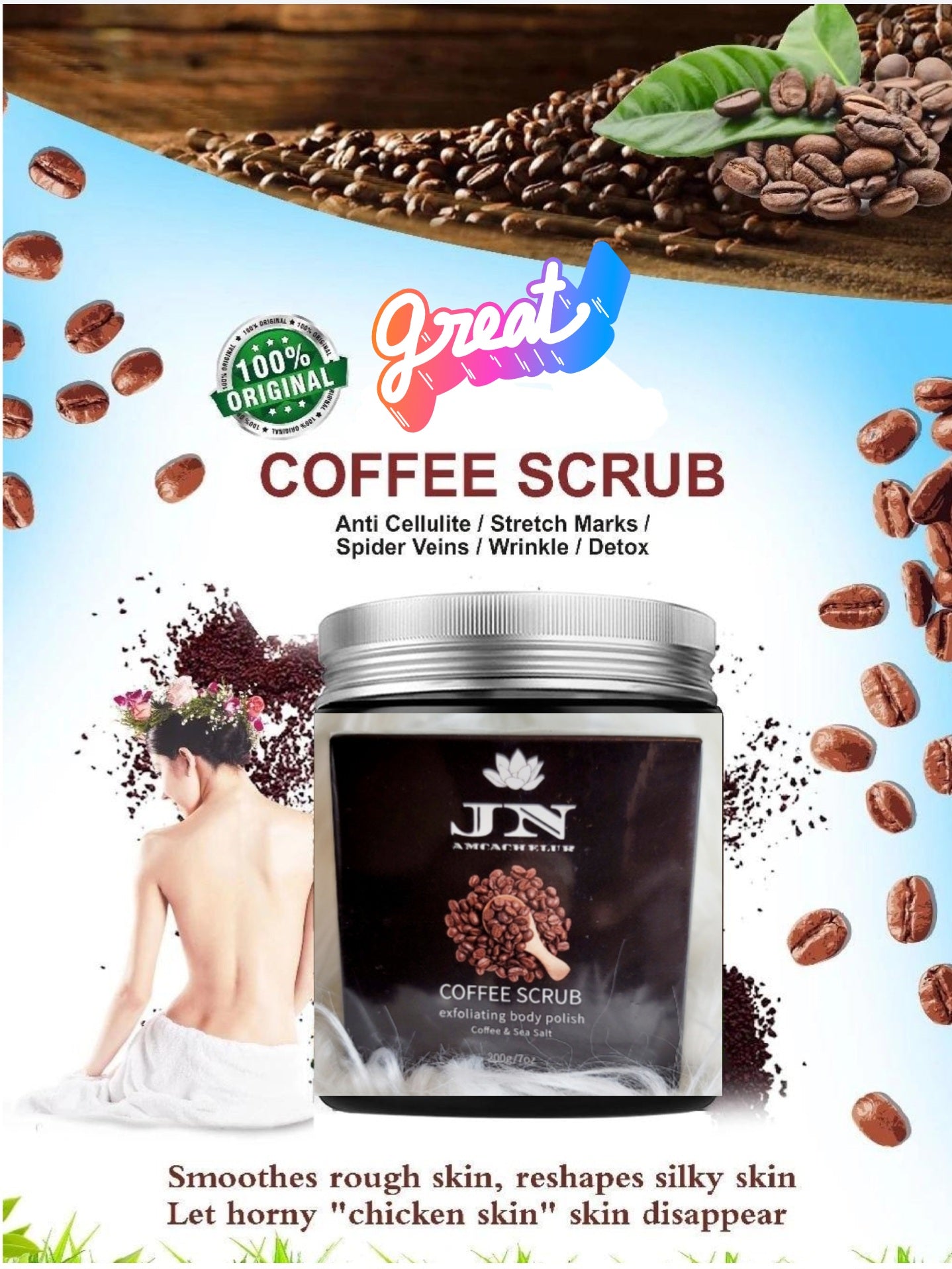 JNA coffee body scrub with essential oils and cream.