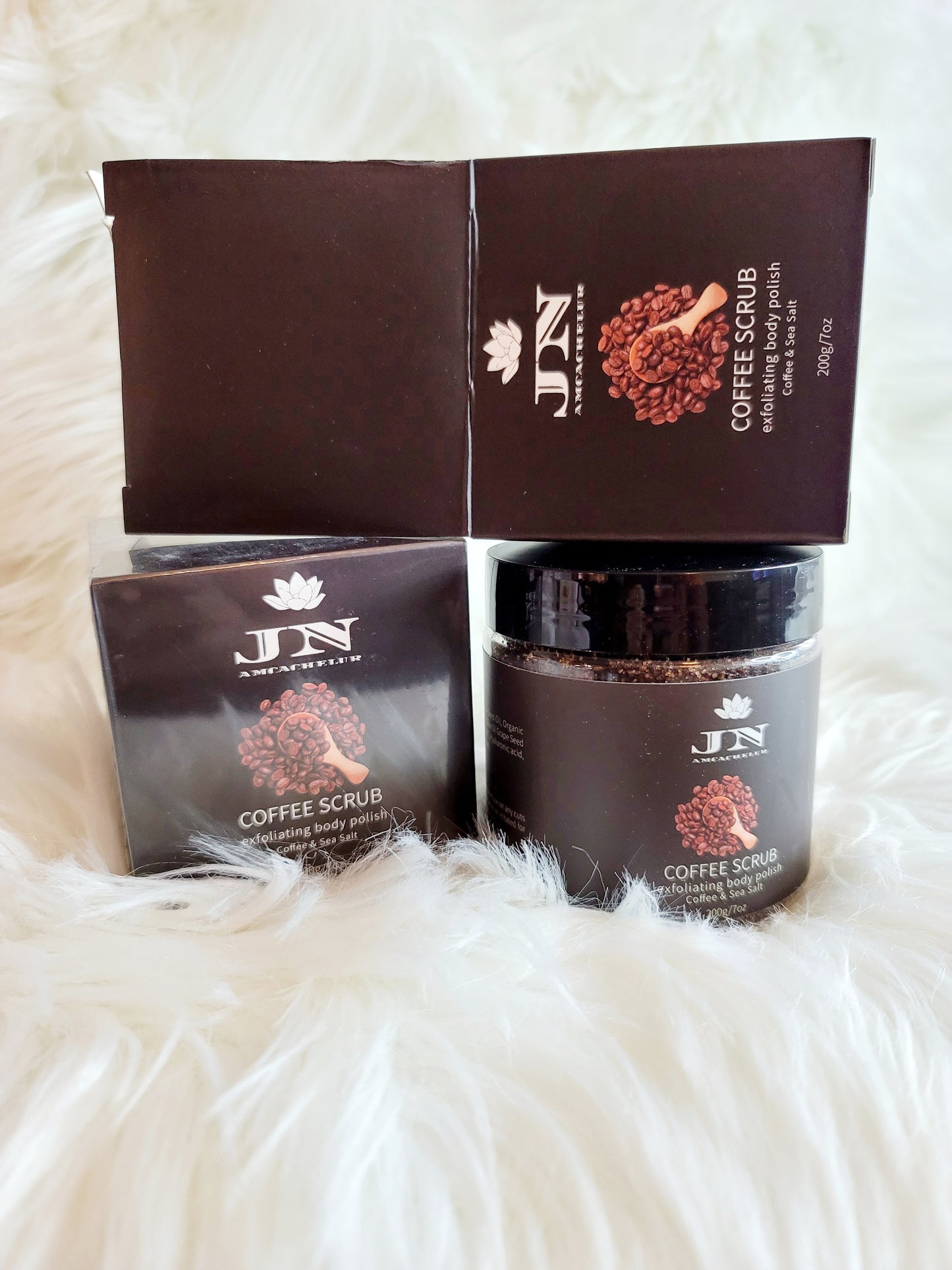 JNA coffee body scrub with essential oils and cream.