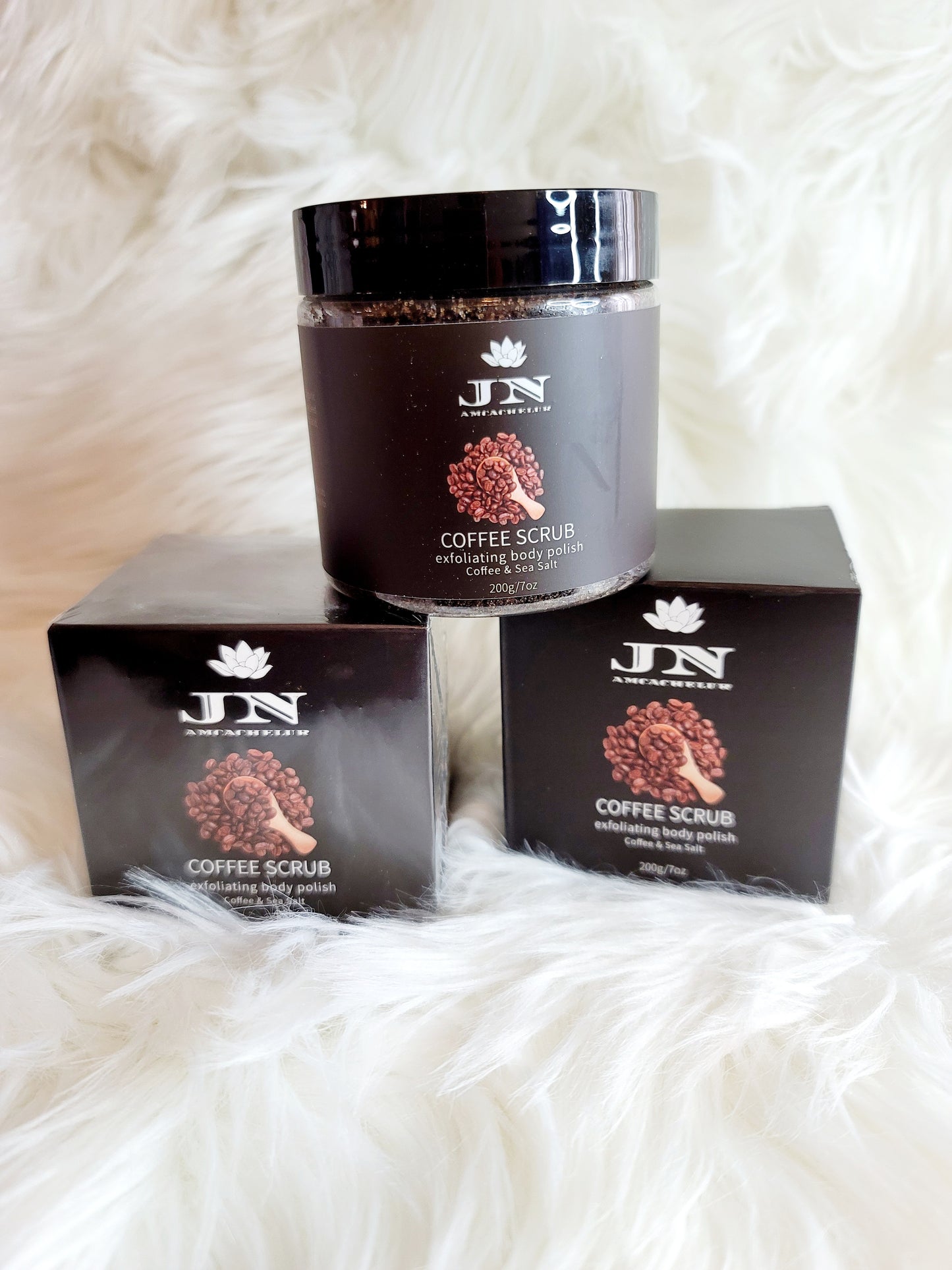 JNA coffee body scrub with essential oils and cream.