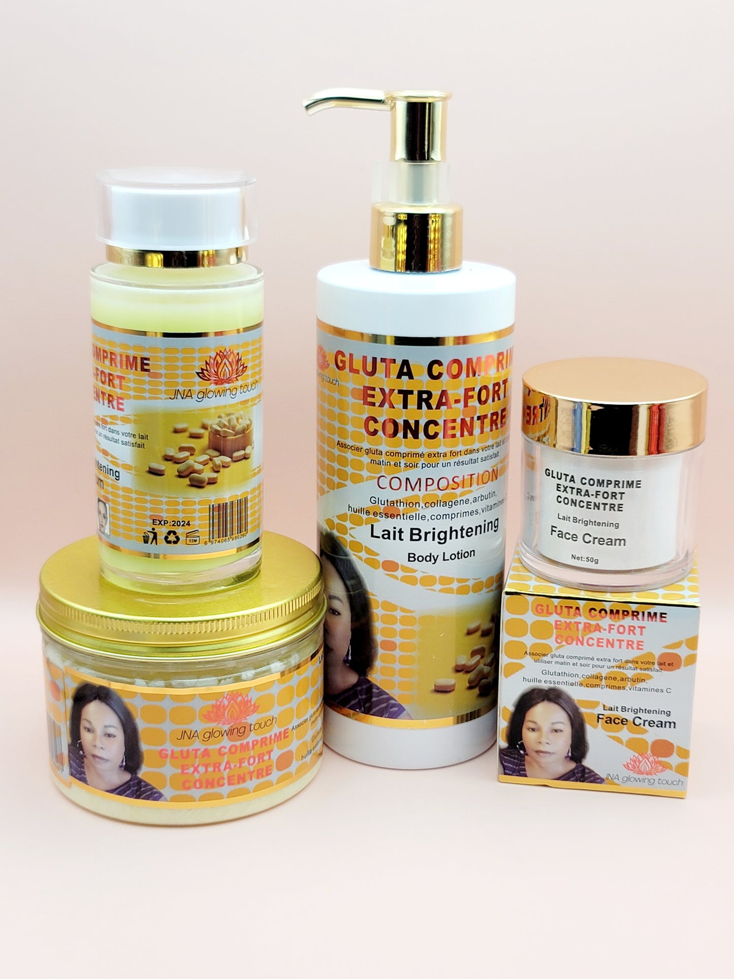 JNA glowing touch Gluta comprime Extra-Fort Concentré set including cream, body wash, and jar.