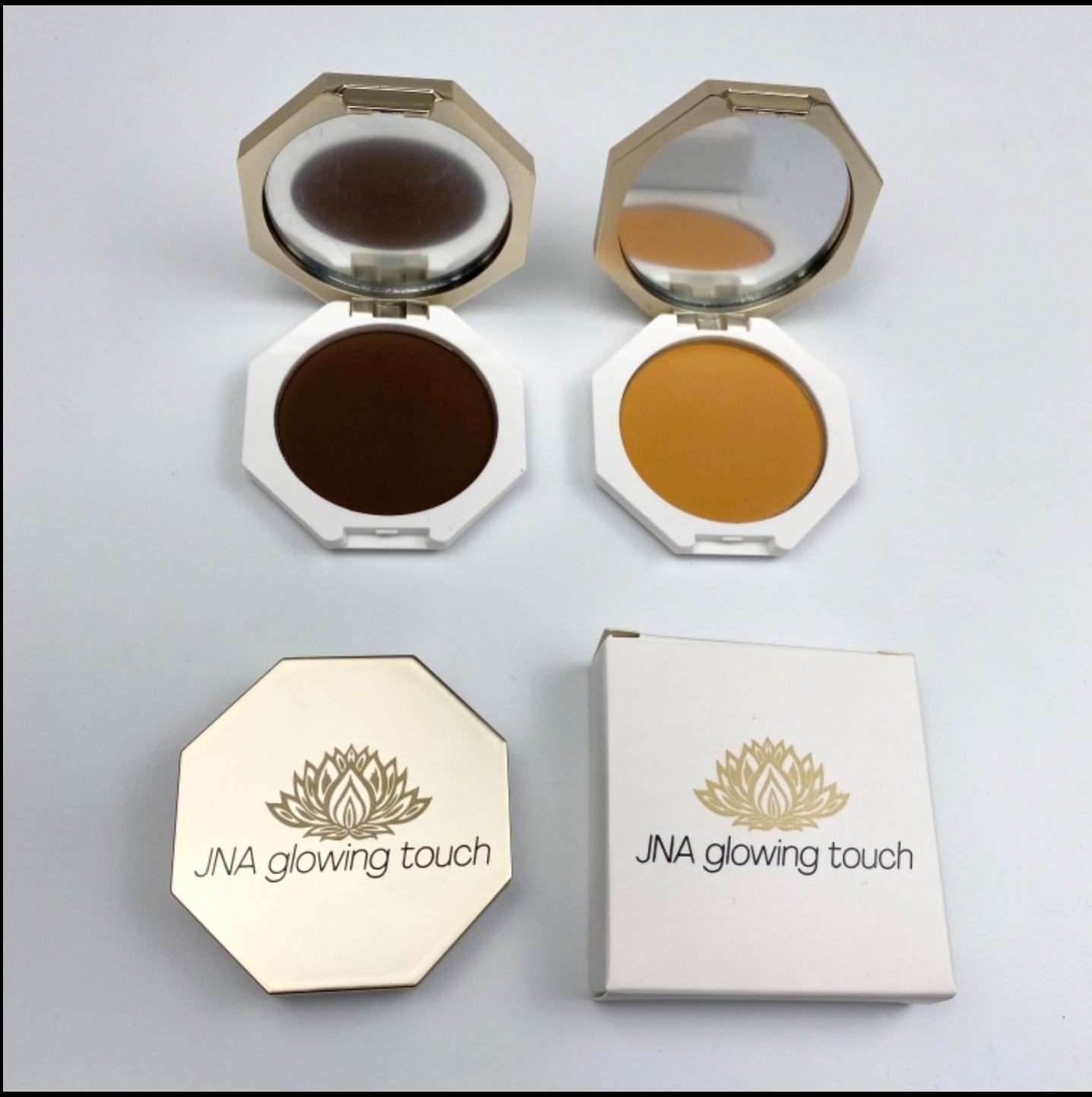 Various color options of JNA Glowing Touch golden compact powder foundation.