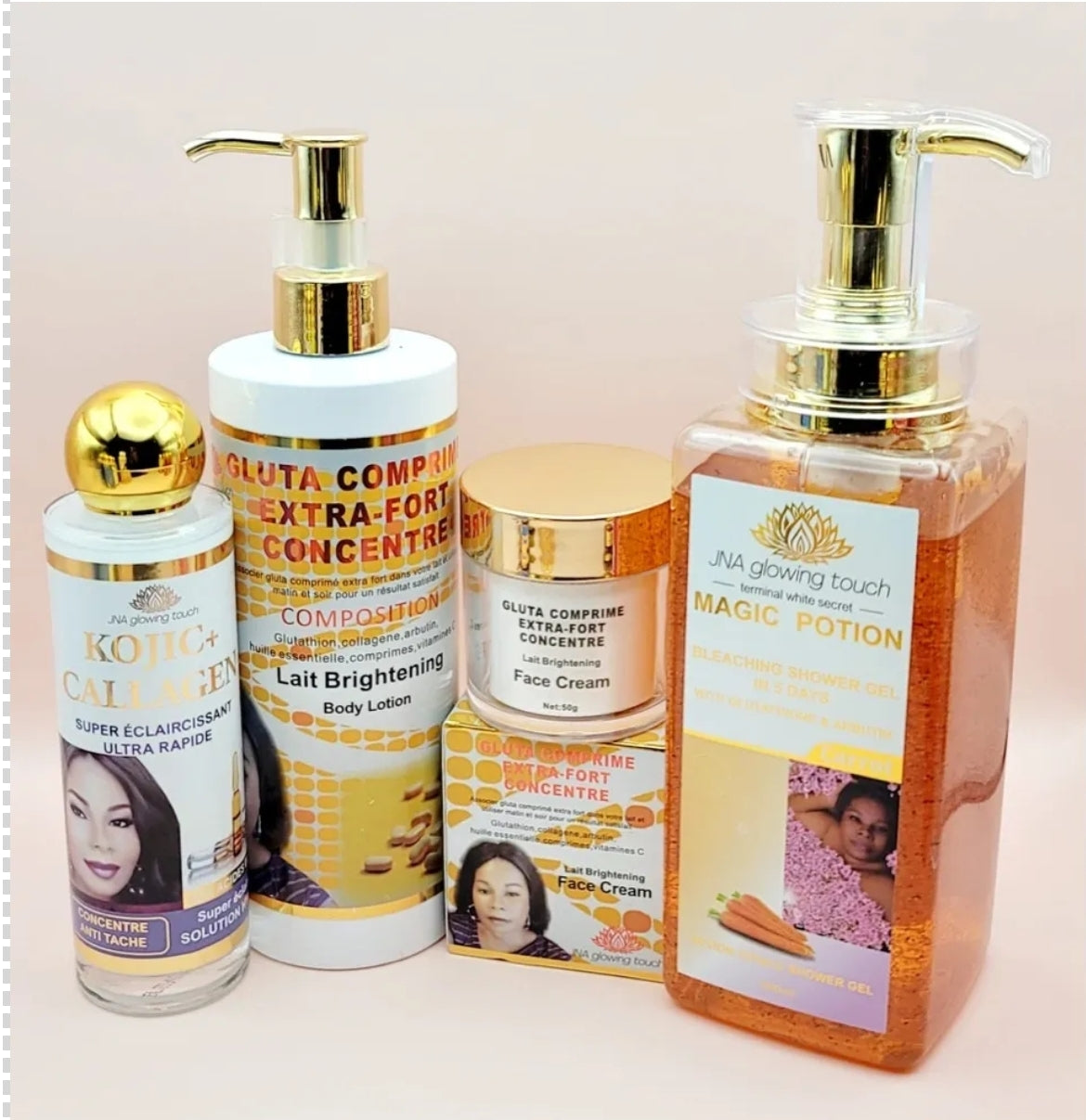 JNA glowing touch light complexion super set 3 featuring body lotion, body wash, and body scrub.