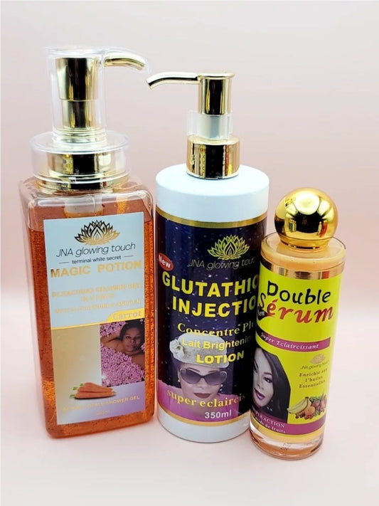 JNA glowing touch fair complexion set 2 with body wash, lotion, and soap.