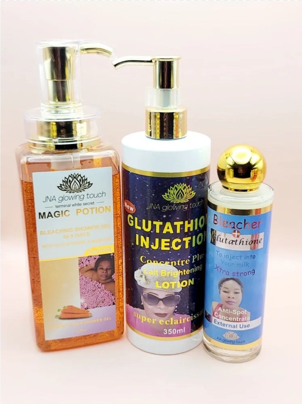 JNA glowing touch fair complexion set including body lotion and body wash.