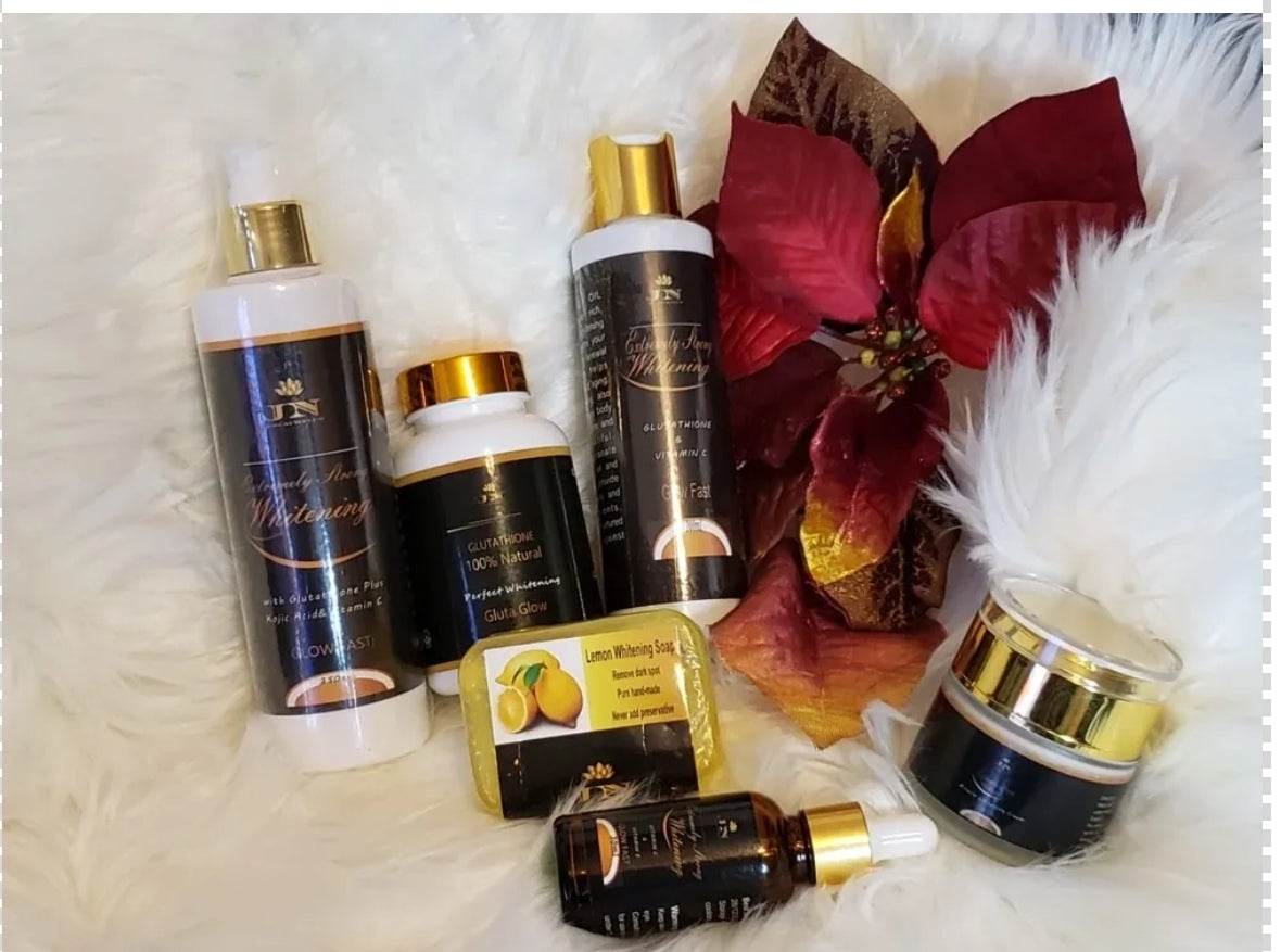 JNA glowing touch brown and black skin sets including body lotion, body wash, skin care products.