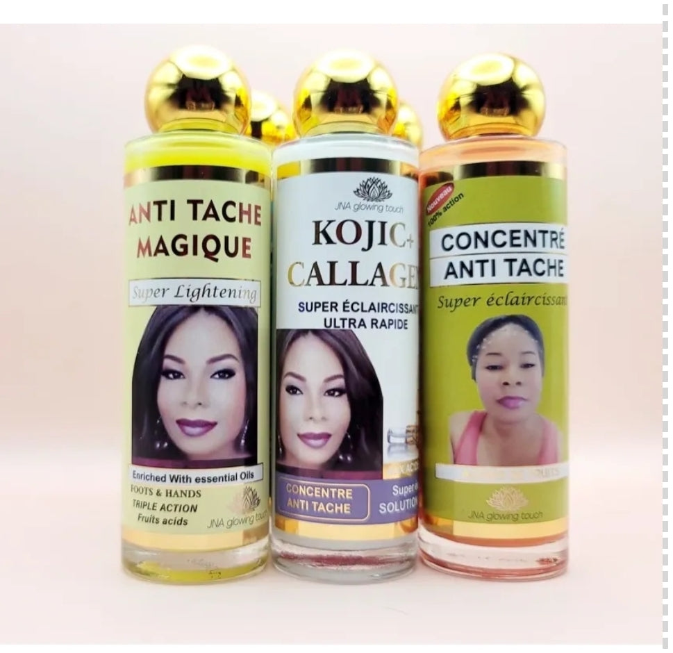 Display of three JNA anti-aging glowing touch serum bottles.