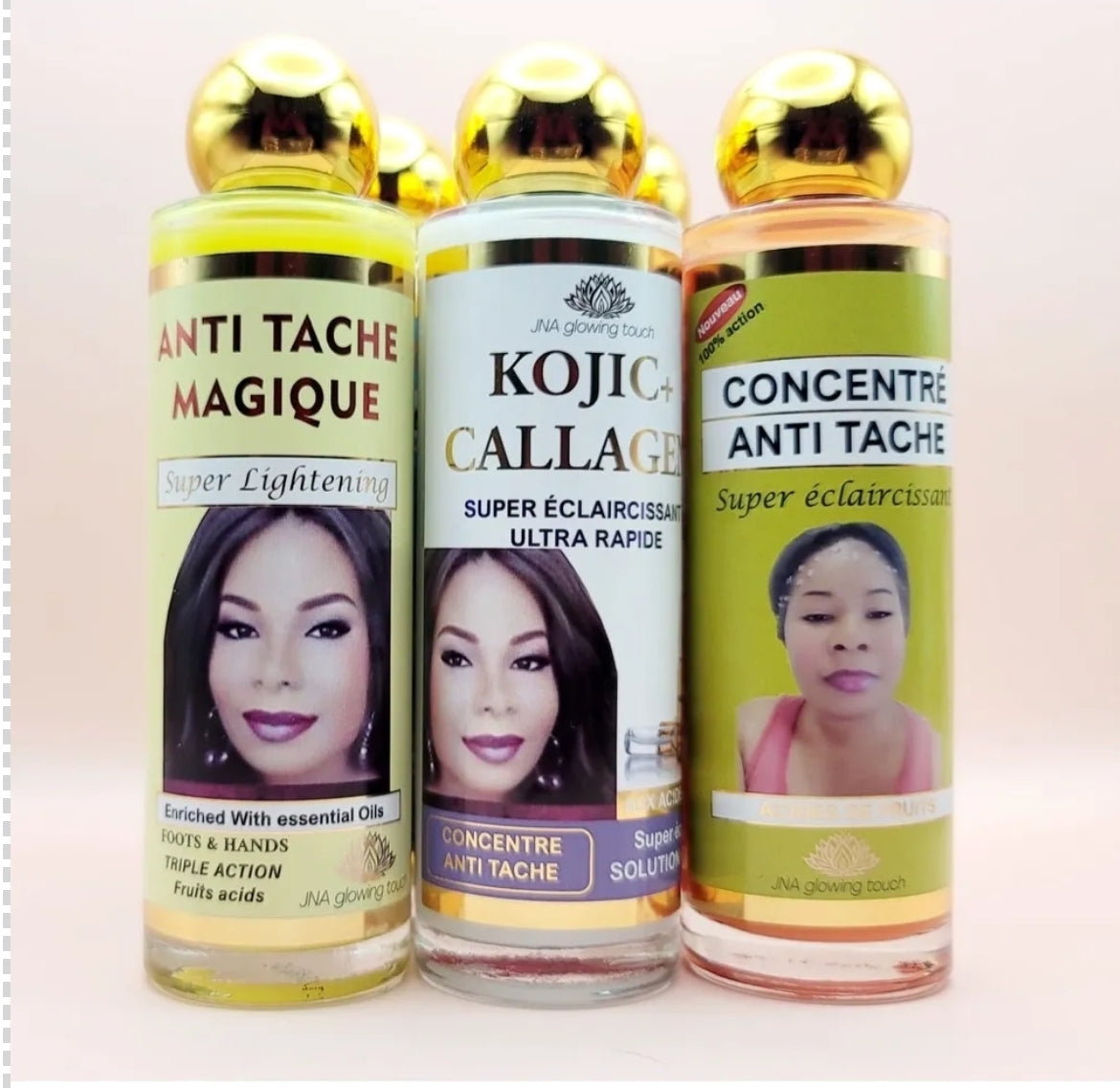 Display of three JNA anti-aging glowing touch serum bottles.