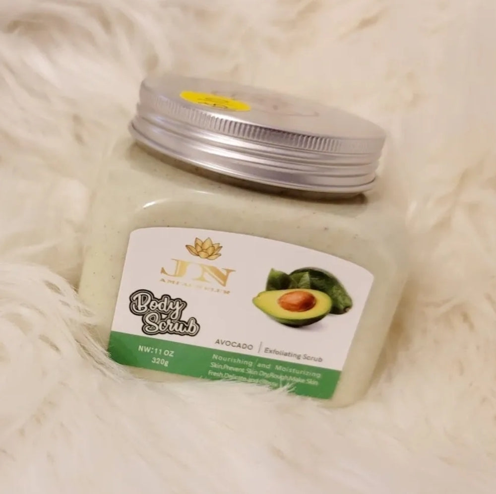 JNA avocado body scrub infused with green tea.