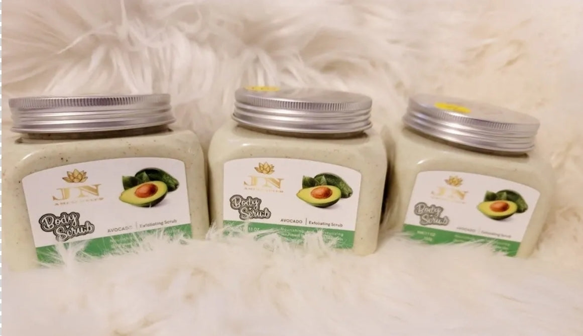 JNA avocado body scrub infused with green tea.