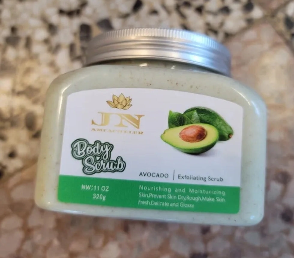 JNA avocado body scrub infused with green tea.