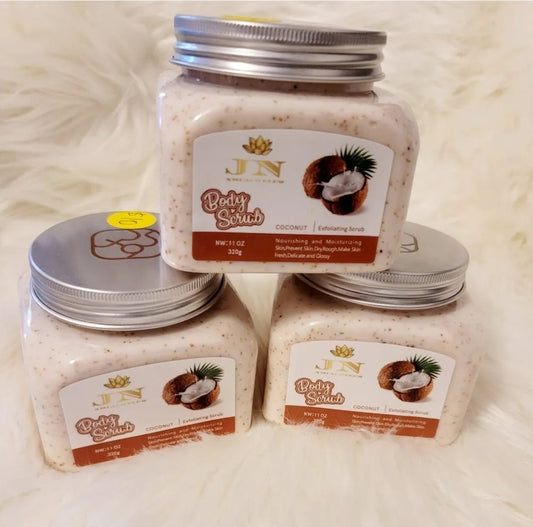 Three containers of JNA coconut body scrub set.