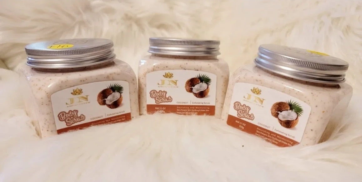 Three containers of JNA coconut body scrub set.