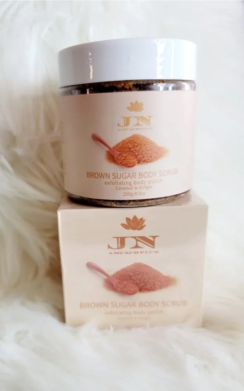 JNA brown sugar body scrub in a jar.