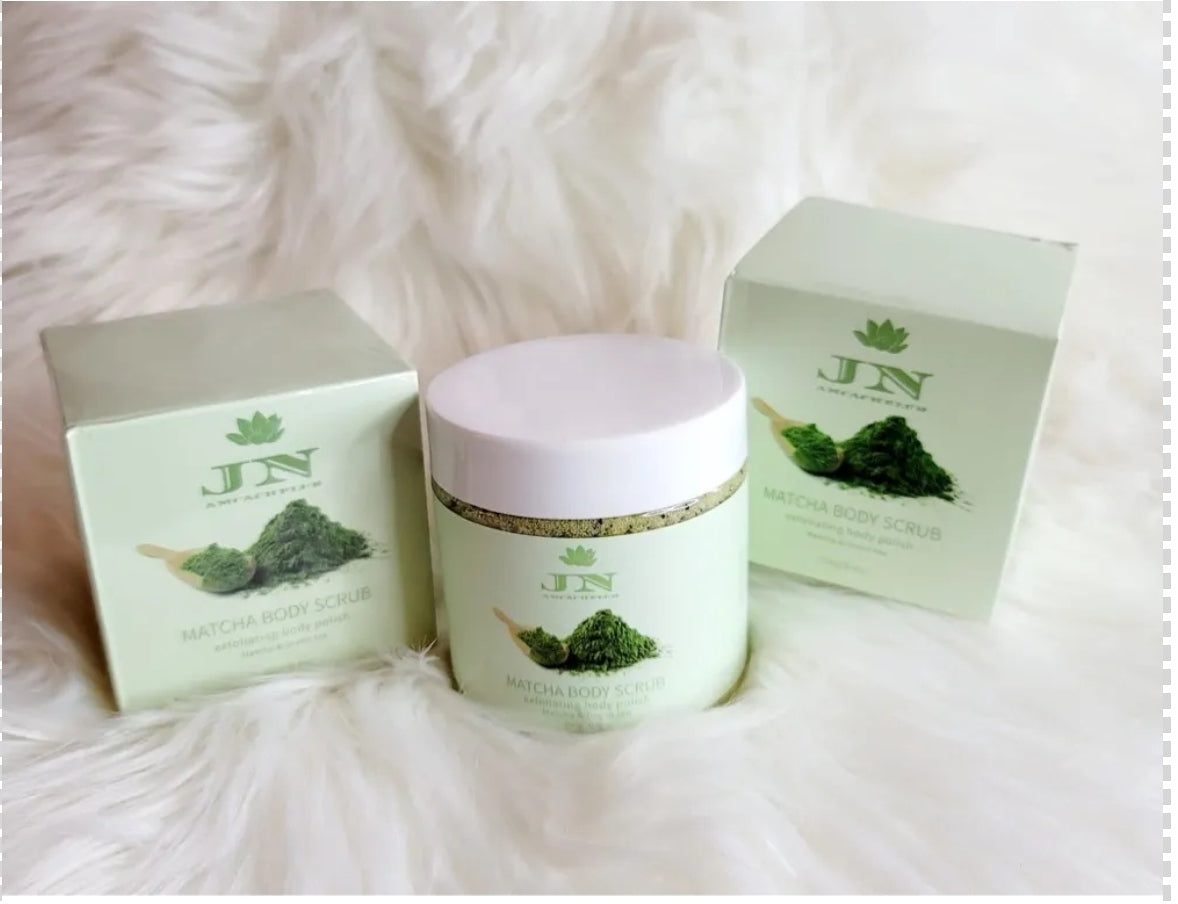 JNA matcha green tea body scrub with its packaging.