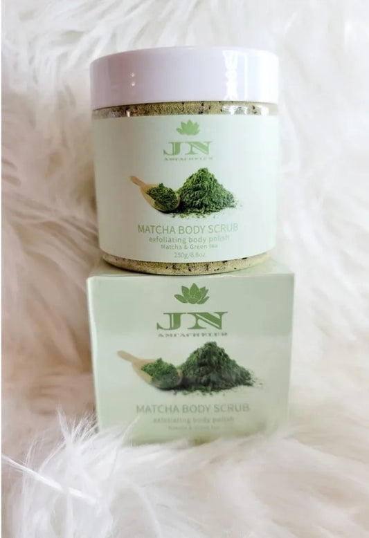 JNA matcha green tea body scrub with its packaging.