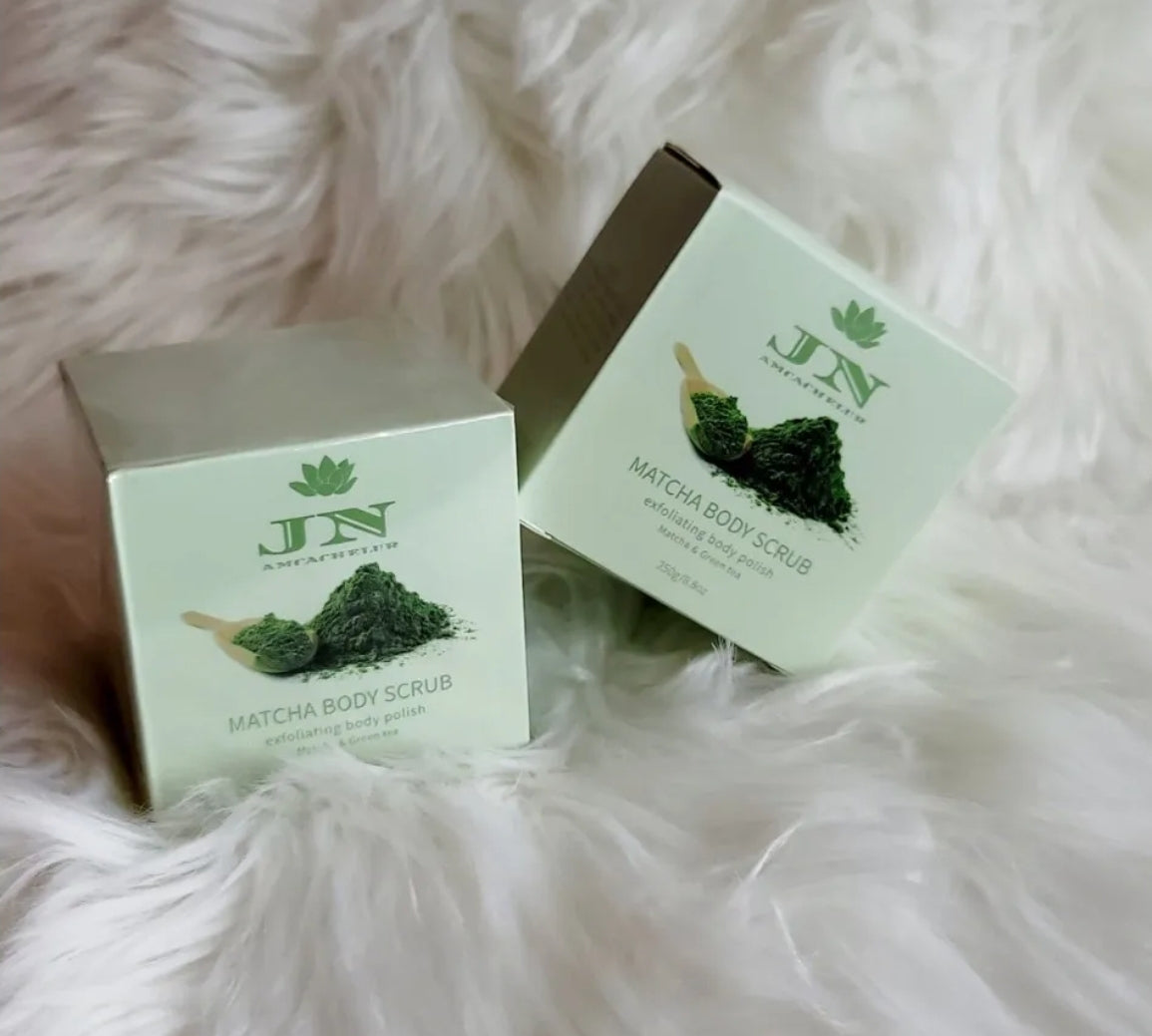 JNA matcha green tea body scrub with its packaging.