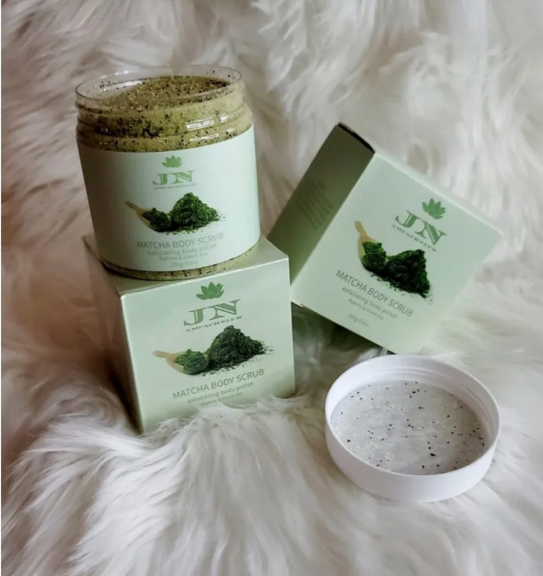 JNA matcha green tea body scrub with its packaging.