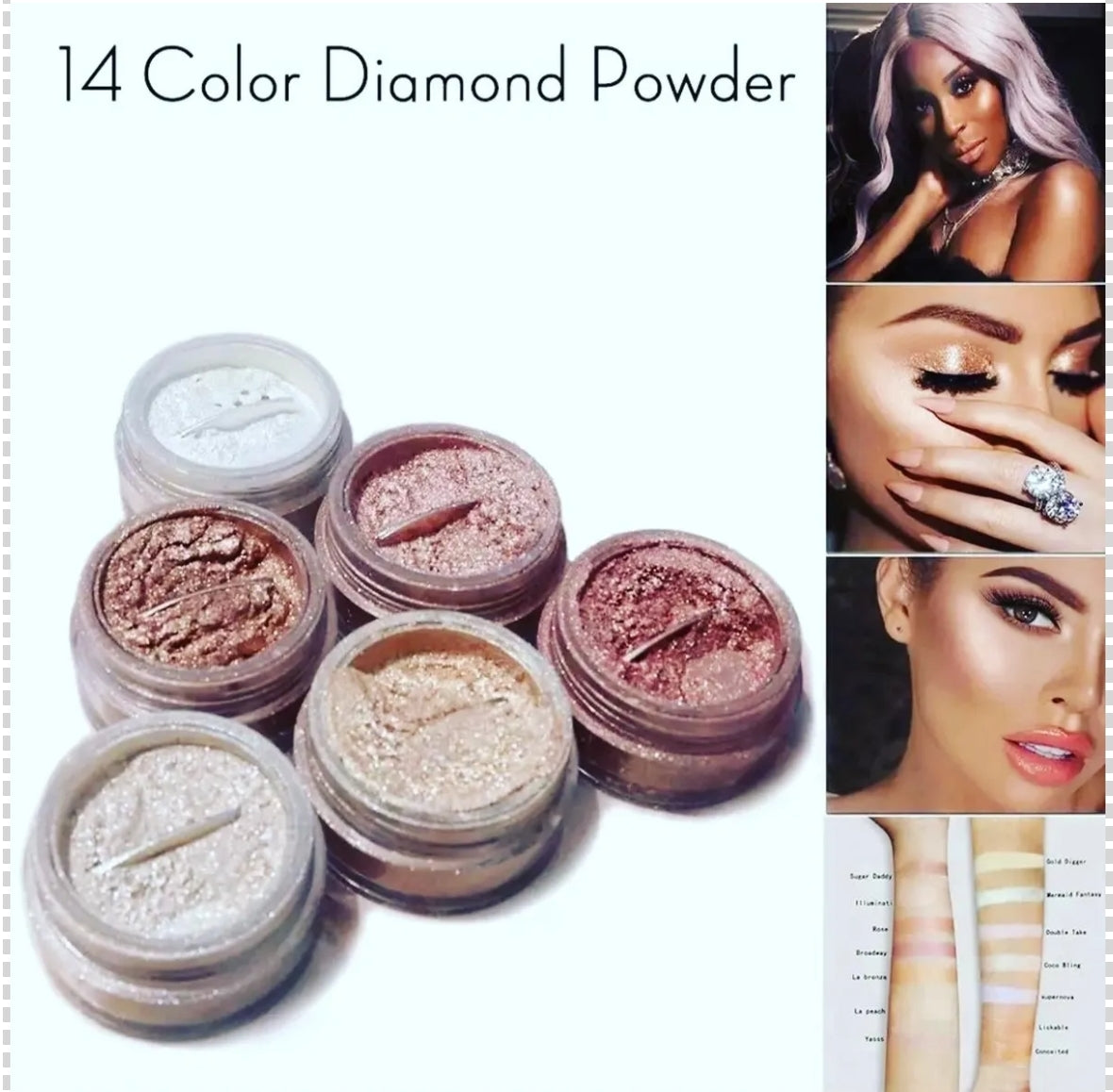 Five different shimmering shades of JNA Diamond Glow powder.