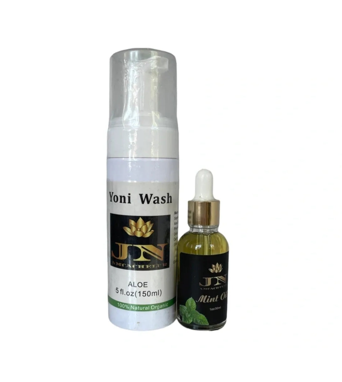 yoni sets Aloe Wash and mint oil.