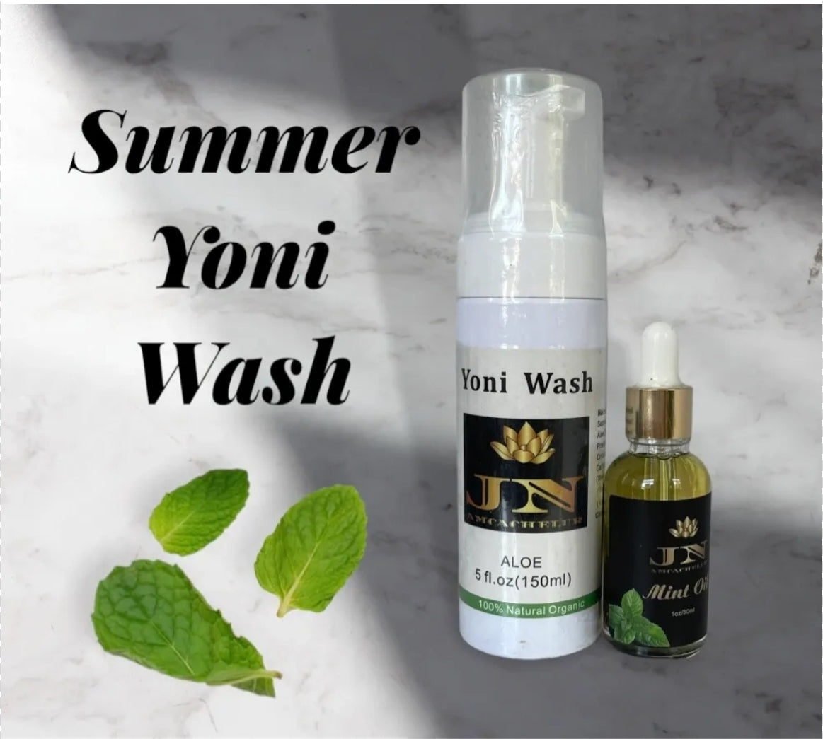 yoni sets Aloe Wash and mint oil.