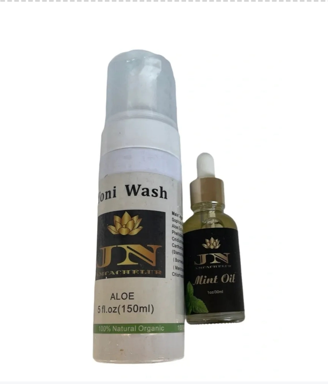 yoni sets Aloe Wash and mint oil.